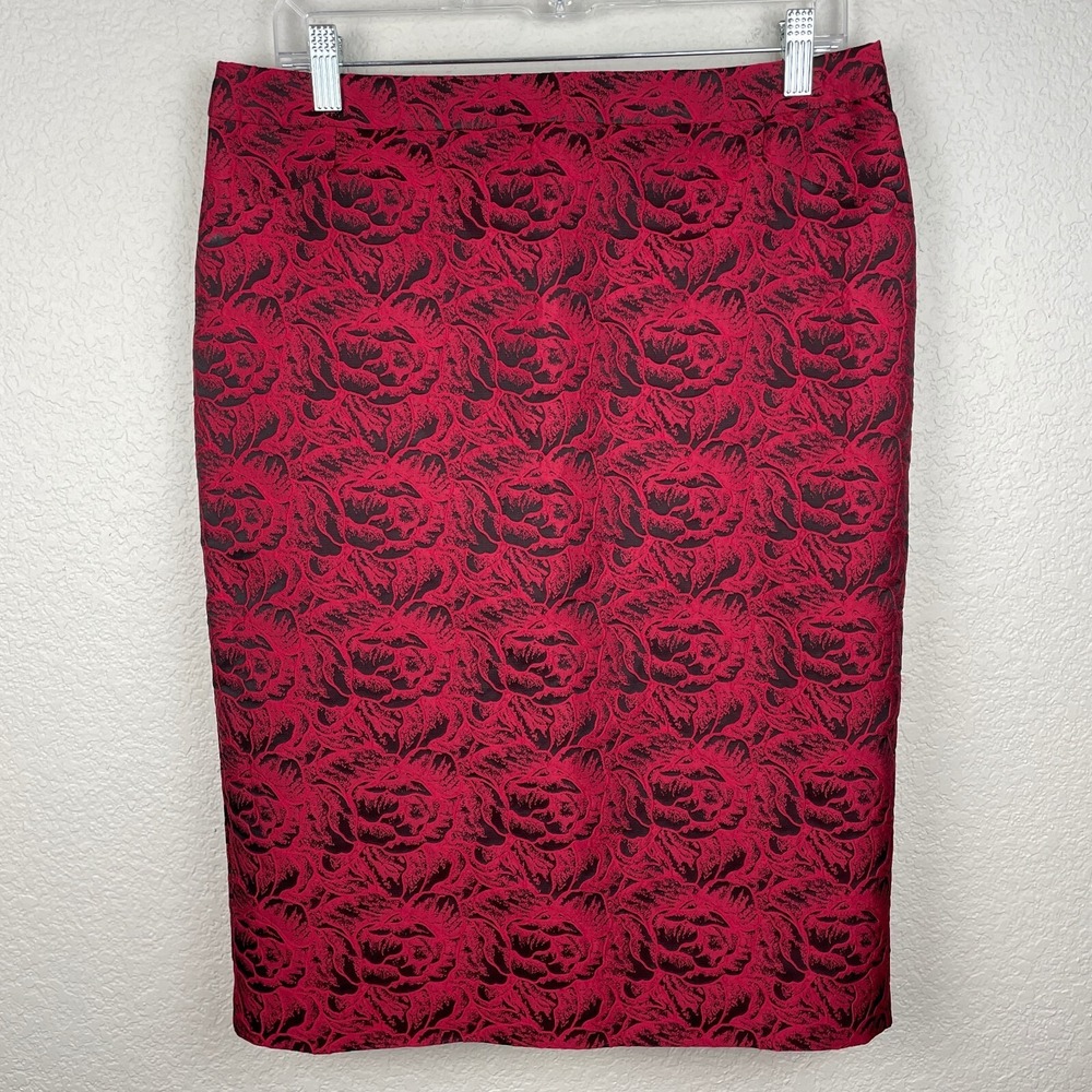 Calvin Klein Red Black Floral Pencil Skirt Womens 10 Dark Academia Goth Vamp
